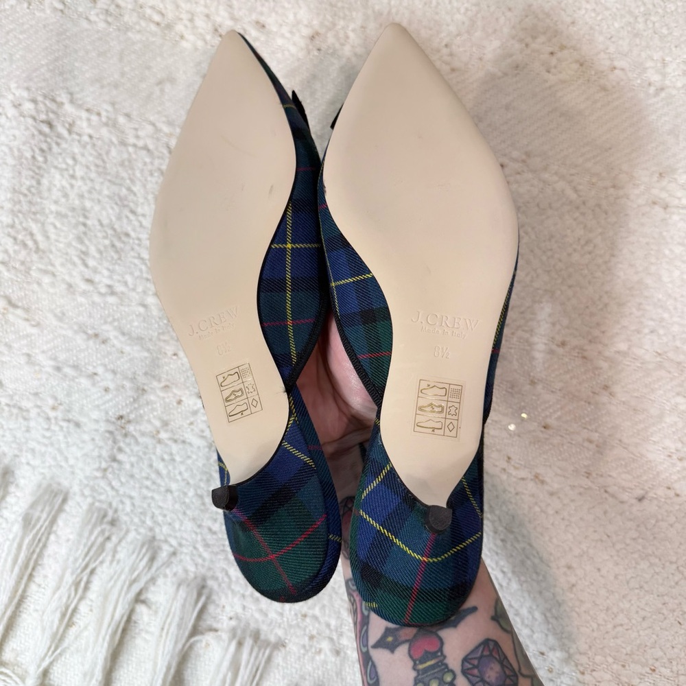 J.Crew blue plaid pointed toe rhinestone kitten heel mules - size 8 1/2 NWOT - Picture 5 of 7